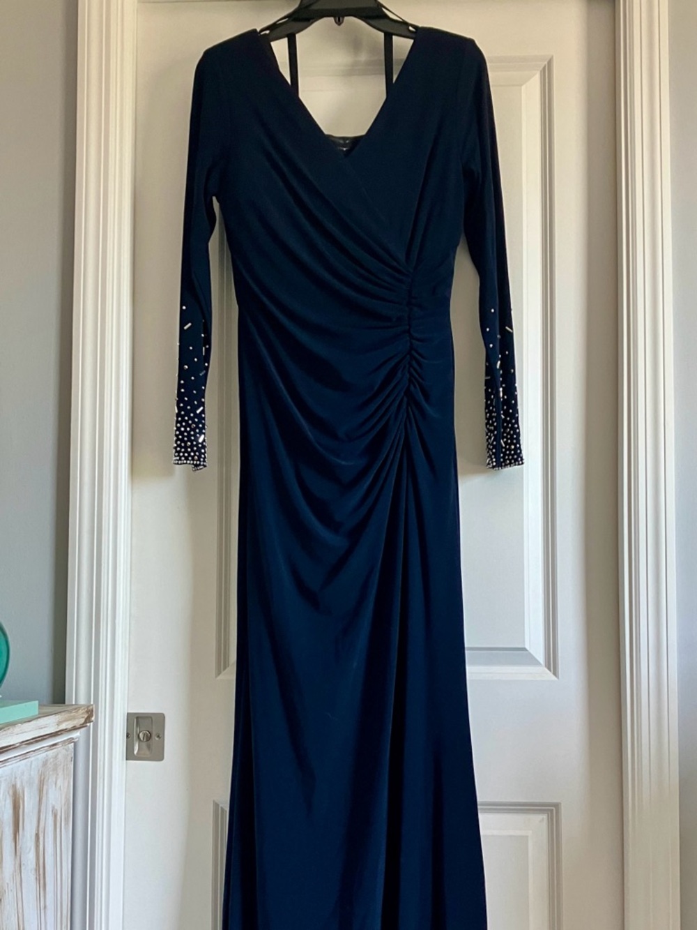Full-length navy blue column gown with V-neck” Worn only once.